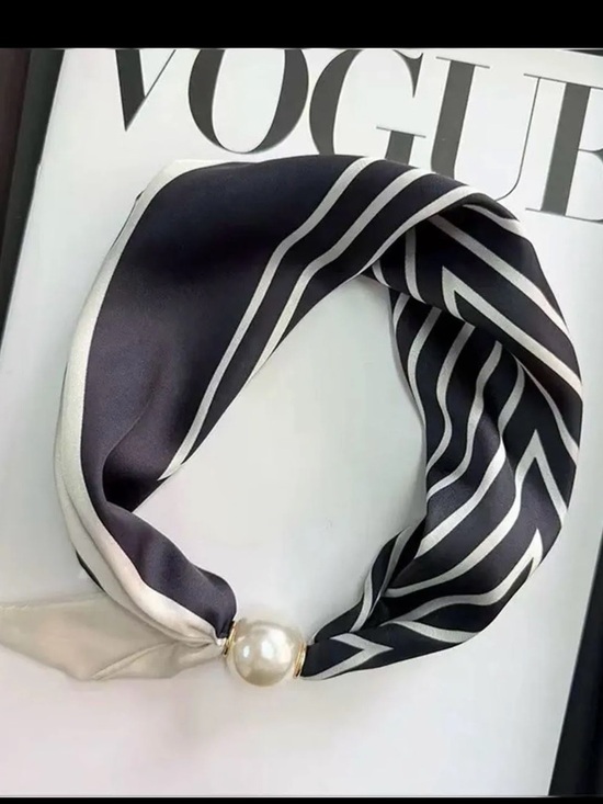 ShopEvelynne Accessories - FROM PARIS FRANCE Elegant Black & White Striped Silk Scarf with Pearl Accent